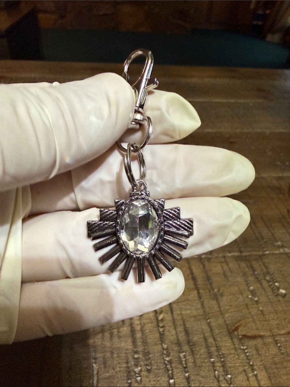 Silver and diamond fan keychain
